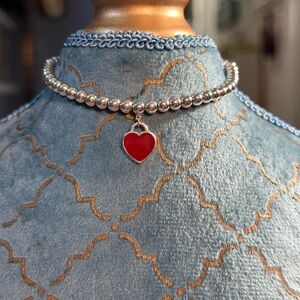 Authentic Tiffany & Co., Small Red Heart Charm Ball Bracelet